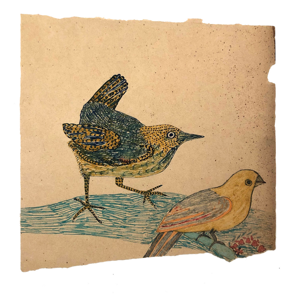 Pair of Birds, Antique Naive Colored Ink / Gouache Drawing