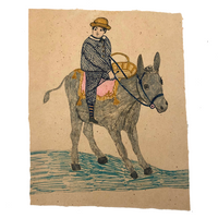 Boy on Donkey, Antique Naive Colored Ink / Gouache Drawing