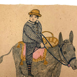 Boy on Donkey, Antique Naive Colored Ink / Gouache Drawing