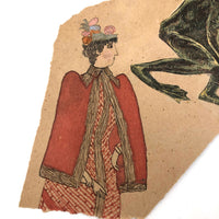 Woman with Three Arms, Antique Watercolor Drawing with Die Cut Frog