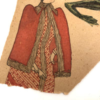 Woman with Three Arms, Antique Watercolor Drawing with Die Cut Frog