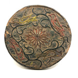 SOLD Curious Antique Relief Carved Pine Round with Painted Birds and Vines