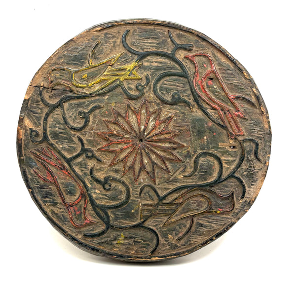 Curious Antique Relief Carved Pine Round with Painted Birds and Vines