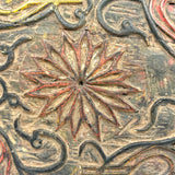 SOLD Curious Antique Relief Carved Pine Round with Painted Birds and Vines