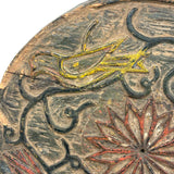 SOLD Curious Antique Relief Carved Pine Round with Painted Birds and Vines