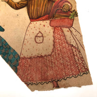 Woman with Three Arms, Antique Watercolor Drawing with Die Cut Frog