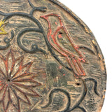 SOLD Curious Antique Relief Carved Pine Round with Painted Birds and Vines