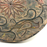 SOLD Curious Antique Relief Carved Pine Round with Painted Birds and Vines