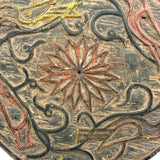 SOLD Curious Antique Relief Carved Pine Round with Painted Birds and Vines