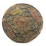 SOLD Curious Antique Relief Carved Pine Round with Painted Birds and Vines