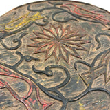SOLD Curious Antique Relief Carved Pine Round with Painted Birds and Vines