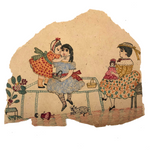 Girls with Dolls and Kitten / Flowers and Rope, Antique Double-sided Watercolor Drawing
