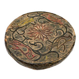 SOLD Curious Antique Relief Carved Pine Round with Painted Birds and Vines