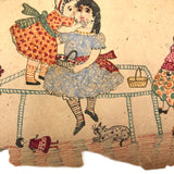 Girls with Dolls and Kitten / Flowers and Rope, Antique Double-sided Watercolor Drawing