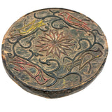 SOLD Curious Antique Relief Carved Pine Round with Painted Birds and Vines