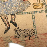 Girls with Dolls and Kitten / Flowers and Rope, Antique Double-sided Watercolor Drawing
