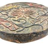 SOLD Curious Antique Relief Carved Pine Round with Painted Birds and Vines