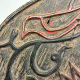 SOLD Curious Antique Relief Carved Pine Round with Painted Birds and Vines