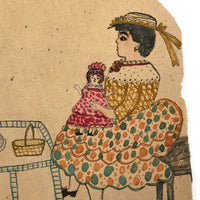 Girls with Dolls and Kitten / Flowers and Rope, Antique Double-sided Watercolor Drawing