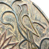 SOLD Curious Antique Relief Carved Pine Round with Painted Birds and Vines