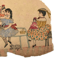 Girls with Dolls and Kitten / Flowers and Rope, Antique Double-sided Watercolor Drawing