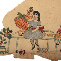 Girls with Dolls and Kitten / Flowers and Rope, Antique Double-sided Watercolor Drawing