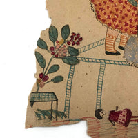 Girls with Dolls and Kitten / Flowers and Rope, Antique Double-sided Watercolor Drawing