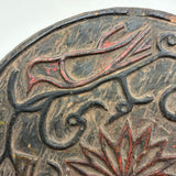 SOLD Curious Antique Relief Carved Pine Round with Painted Birds and Vines