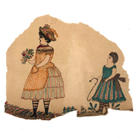 Girls with Dolls and Kitten / Flowers and Rope, Antique Double-sided Watercolor Drawing