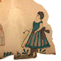 Girls with Dolls and Kitten / Flowers and Rope, Antique Double-sided Watercolor Drawing