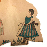 Girls with Dolls and Kitten / Flowers and Rope, Antique Double-sided Watercolor Drawing