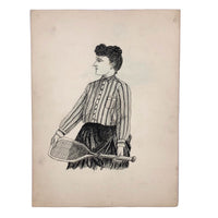 Antique Pen and Ink Drawing of Tennis Player Woman