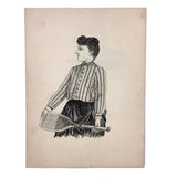Antique Pen and Ink Drawing of Tennis Player Woman