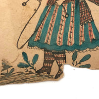 Girls with Dolls and Kitten / Flowers and Rope, Antique Double-sided Watercolor Drawing