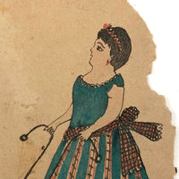 Girls with Dolls and Kitten / Flowers and Rope, Antique Double-sided Watercolor Drawing