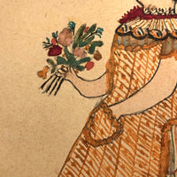 Girls with Dolls and Kitten / Flowers and Rope, Antique Double-sided Watercolor Drawing