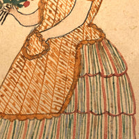 Girls with Dolls and Kitten / Flowers and Rope, Antique Double-sided Watercolor Drawing