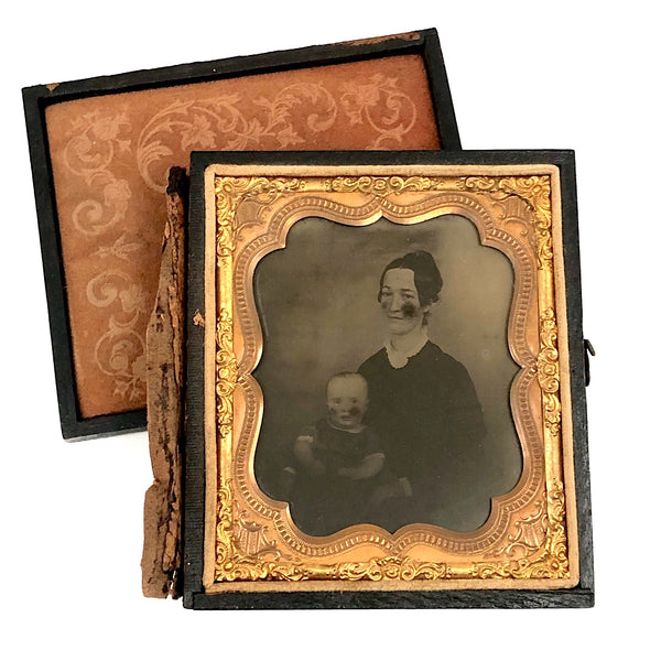 Blushes Turned Dark Blemishes - Hand-colored Antique Ambrotype of Mother and Child