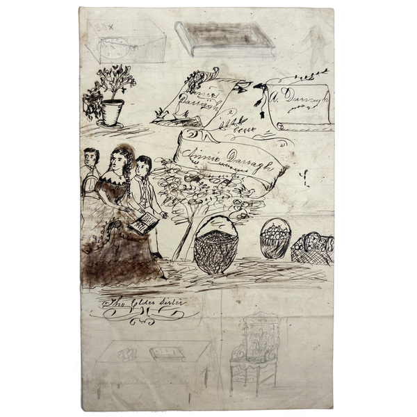 Annie Darragh, The Elder Sister, 19th C. Ink Drawing with SeeSawing Children on Reverse