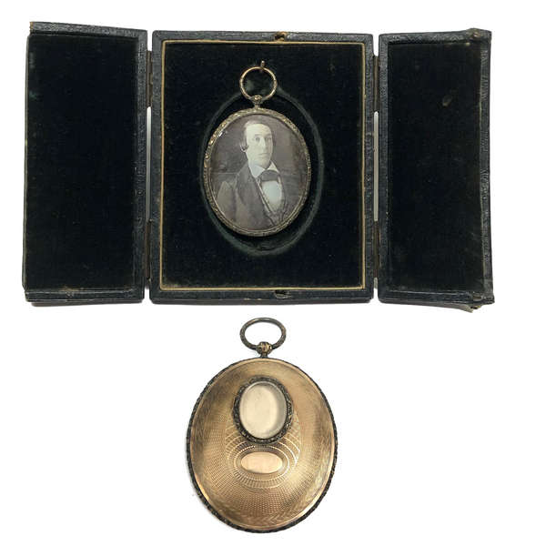 C. 1860s Mourning Pendant with Daguerreotype Portrait of Young Man in Folding Case