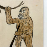 Wonderful Presumed Antique Small Folk Art Watercolor of Woodwose (?) on Laid Paper