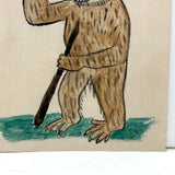 Wonderful Presumed Antique Small Folk Art Watercolor of Woodwose (?) on Laid Paper