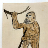 Wonderful Presumed Antique Small Folk Art Watercolor of Woodwose (?) on Laid Paper