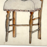 Antique Japanese Ink and Watercolor Drawing of Cushioned Ladderback Chair
