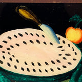 Electric Feeling 19th Century Tinsel Painting with Floating Watermelon and Knife, Original Frame