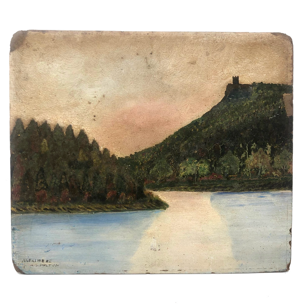 Merimere Reservoir, Hubbard Park, Meriden CT, Old Folk Art Oil on Board Painting