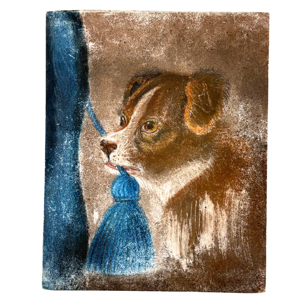 Dog with Blue Tassel, Charming 19th Century Pastel Drawing on Card