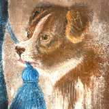 Dog with Blue Tassel, Charming 19th Century Pastel Drawing on Card