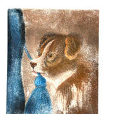 Dog with Blue Tassel, Charming 19th Century Pastel Drawing on Card