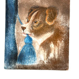 Dog with Blue Tassel, Charming 19th Century Pastel Drawing on Card